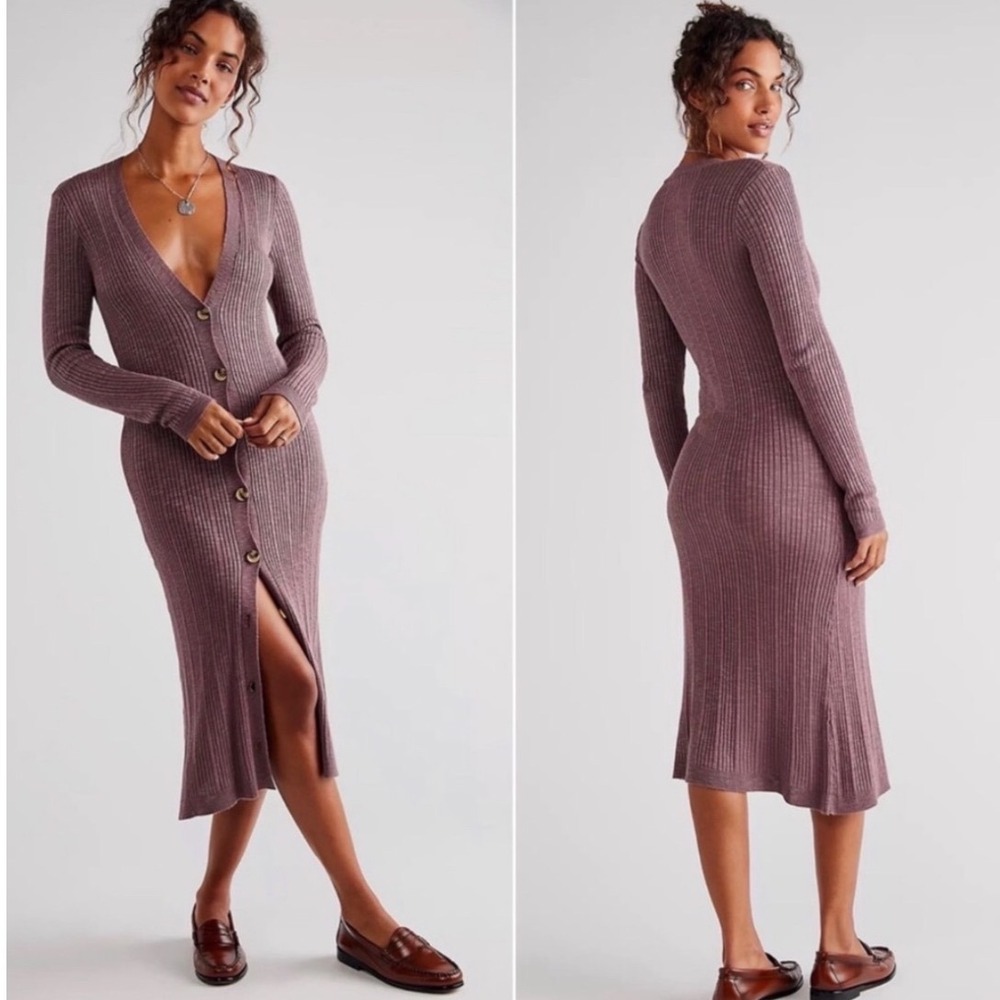 Free People Mauve Ribbed Knit Button Down V-Neck Midi Cardigan Dress Medium